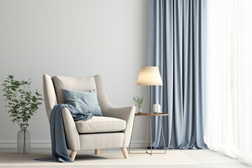 Modern White Living Room Interior Design with Armchair, Side Table, Floor Lamp, and Wall Poster. Home Decor in Light Gray with Blue Curtains