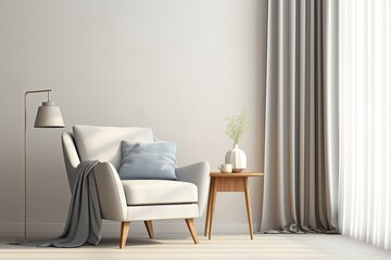 Modern White Living Room Interior Design with Armchair, Side Table, Floor Lamp, and Wall Poster. Home Decor in Light Gray with Blue Curtains