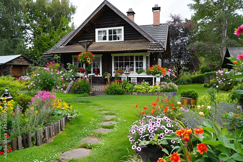 Aufkleber a charming garden cottage surrounded by vibrant blooms and lush greenery, creating a picturesque and