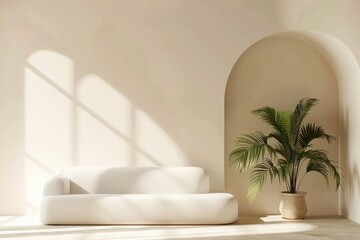 Minimalist home interior design of modern living room. White sofa and potted houseplants against arched window near beige wall with copy space.