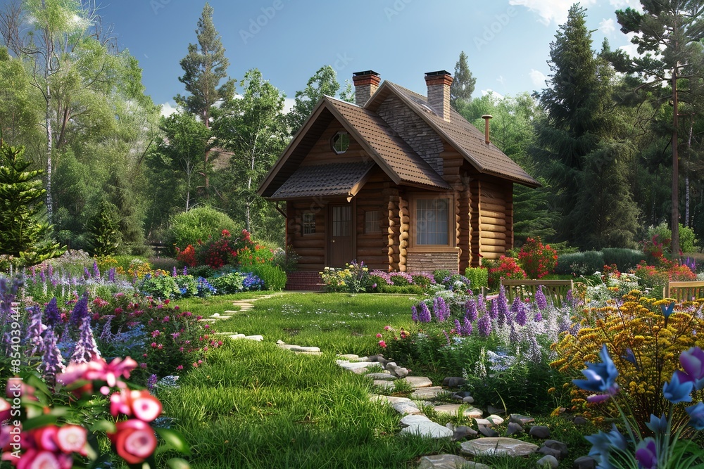Aufkleber a quaint log cabin sits nestled among vibrant flowers and lush trees in a serene garden setting, rad