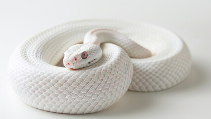 A rare albino snake with striking white and pale scales, coiled gracefully in a minimalist studio setting, showcasing its unique and beautiful appearance.
