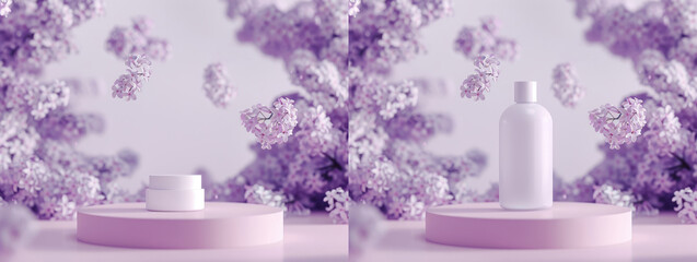 Ai Generated Art a Set of Mockup White No Label Product Tube and Bottle on a Stand Against Blush Pink Background with Light Pink Roses in the Background