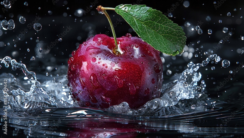 Poster a red apple is floating in a pool of water. generate ai image