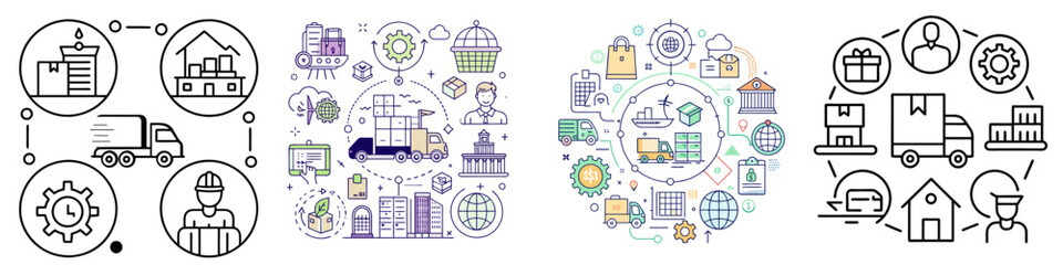 Set of line icons related to supply chain, value chain, logistic, delivery, manufacturing, commerce. 