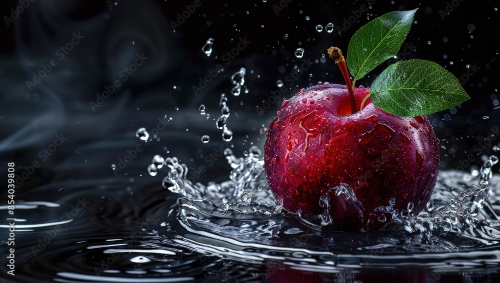 Poster a red apple is floating in a pool of water. generate ai image
