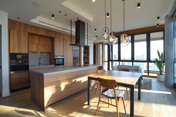 Modern minimalist interior design of kitchen with island, dining table and chairs.