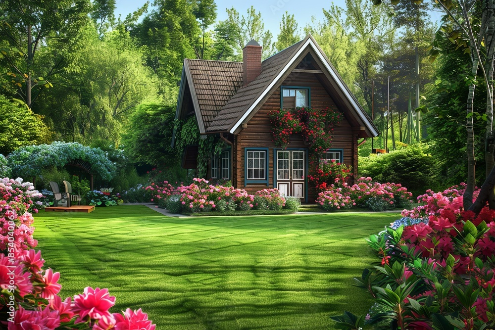 Aufkleber a charming painting of a cozy garden cottage surrounded by a colorful array of blooming flowers in a