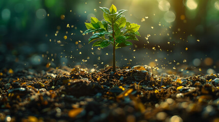 A small plant sprouting from the soil, illuminated by sunlight. The image captures the beauty of new growth and the vibrancy of nature with particles of soil scattering around.