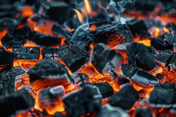 Glowing Charcoal Embers with Intense Heat and Smoke, Perfect for Grilling, Barbecue, and Fireplace Ambiance