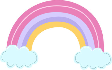 Cute colorful rainbow with clouds in childish style isolated on white background. A character of children's fantasy. Print on a t-shirt or sticker