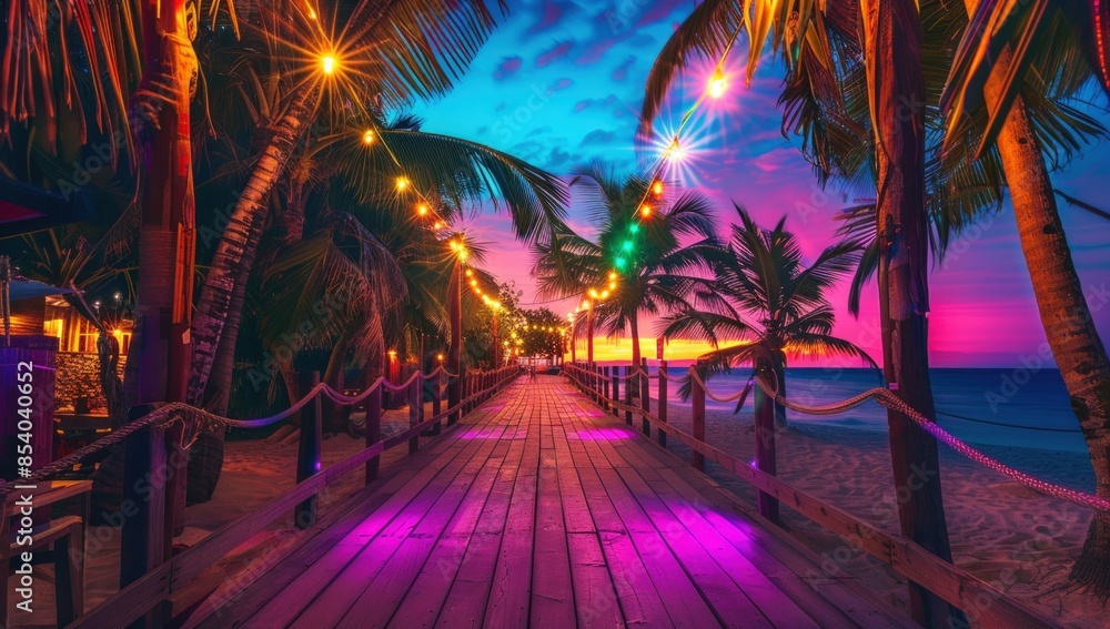 Aufkleber a colorful walkway with palm trees and a beach in the background. generate ai image