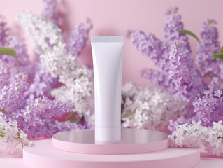 Ai Generated Art Closeup Mockup White No Label Product Creme Tube on a Pink  Plate Stand Against Pastel Violet Pink Background with Lilacs in the Background