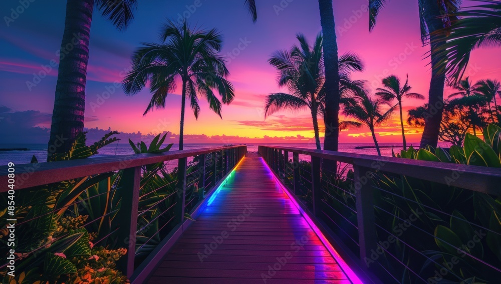 Poster a colorful walkway with palm trees and a beach in the background. generate ai image