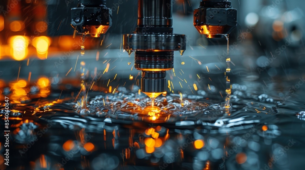 Poster two cnc machines in synchronized operation, machining metal parts with illumination