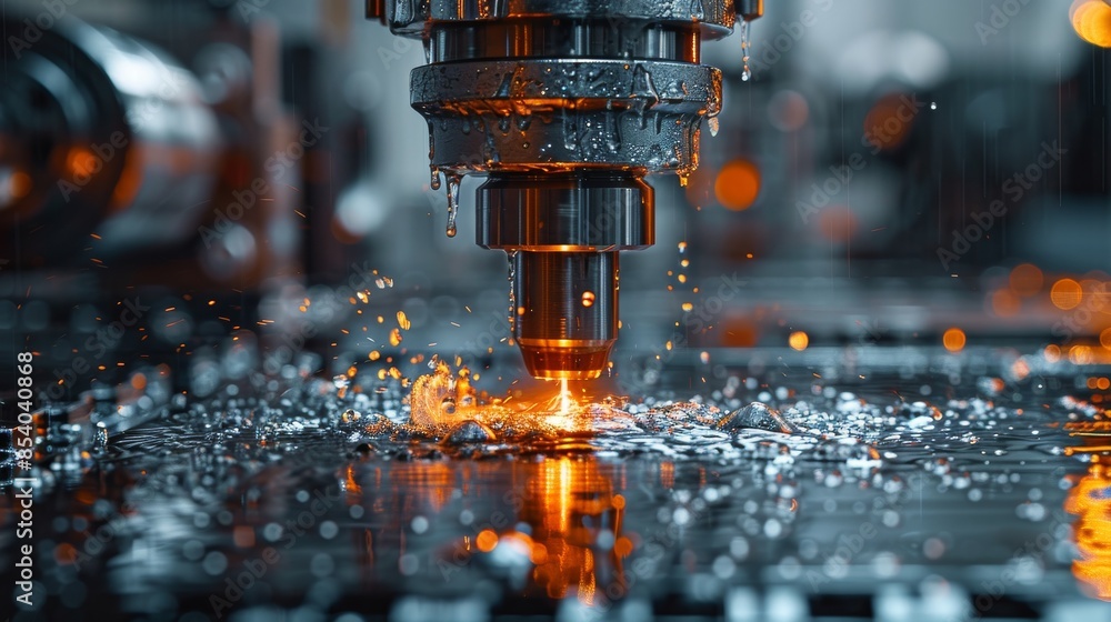 Poster close-up of a cnc milling machine with sparkling metal shavings during the machining process
