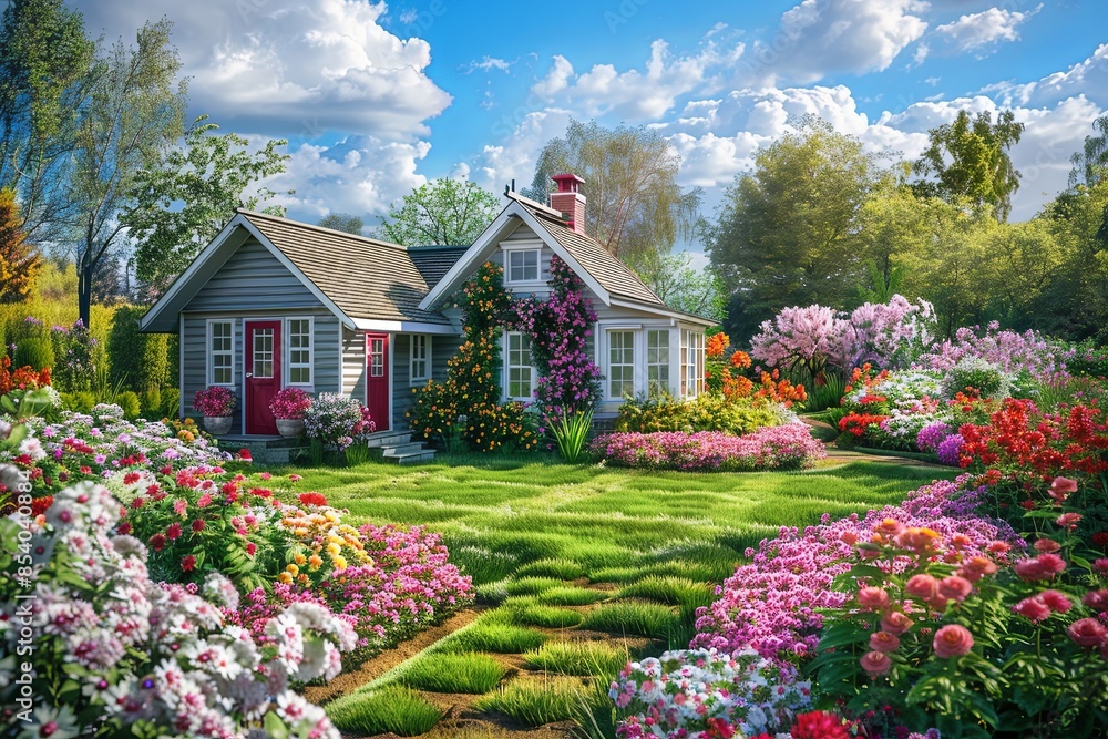Aufkleber a whimsical painting featuring a charming house immersed in a sea of colorful flowers, creating a se