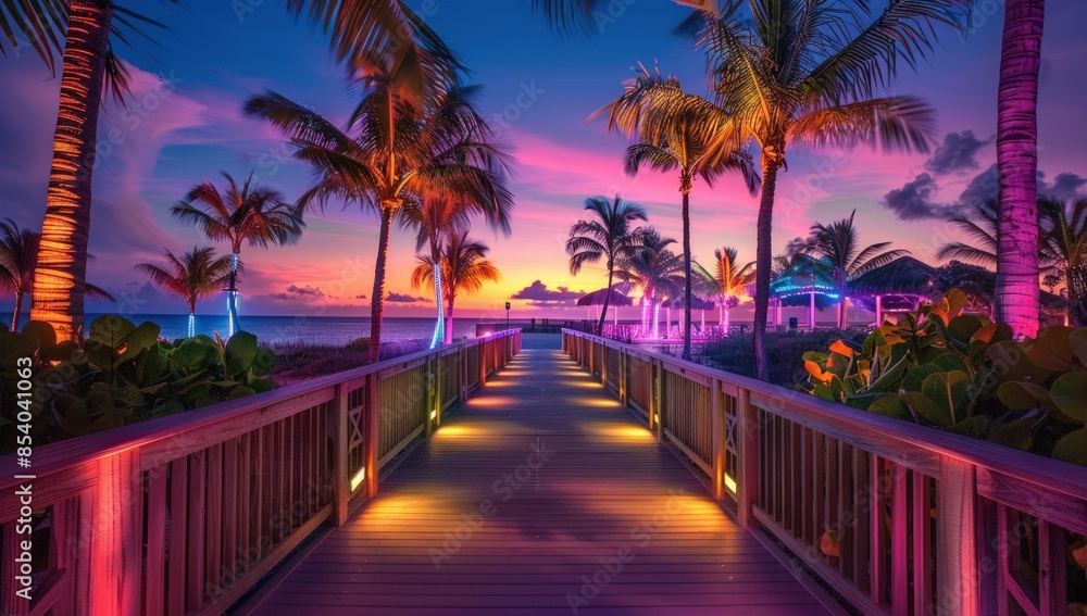 Aufkleber a colorful walkway with palm trees and a beach in the background. generate ai image