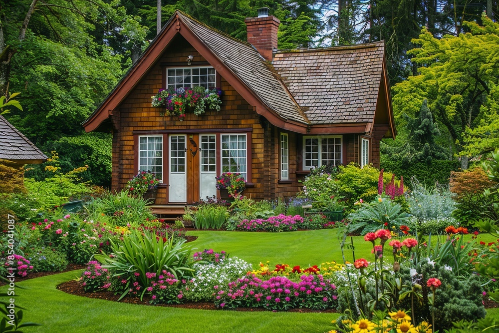 Aufkleber a small wooden house nestled amongst a colorful array of flowers and lush trees in a picturesque gar