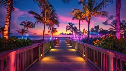 Obraz premium A colorful walkway with palm trees and a beach in the background. Generate AI image