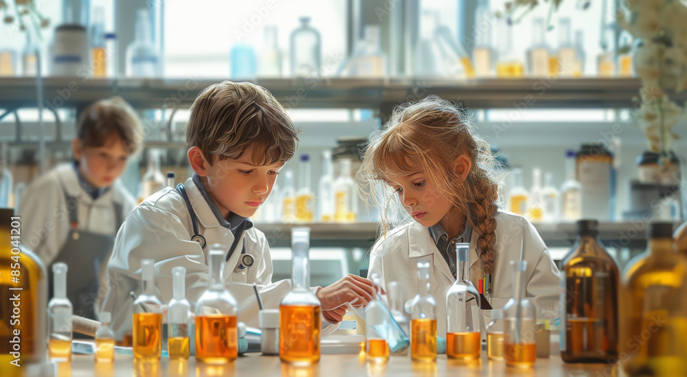 Poster two young children in lab coats conduct a science experiment in a laboratory, carefully examining be
