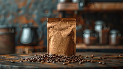 Opened blank craft packaging for coffee with beans on a wooden kitchen counter