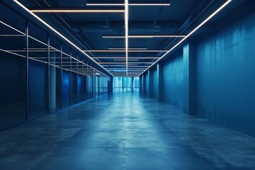 blue office corridor, concrete floor, loft-style windows, continuous ceiling lights, business and financial design theme, spacious interior concept