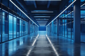 blue office corridor, concrete floor, loft-style windows, continuous ceiling lights, business and financial design theme, spacious interior concept