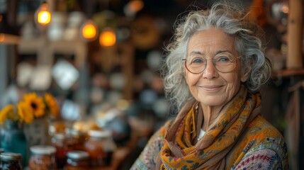 Obraz premium Warm portrait of an elderly woman with a kind expression, glasses, and a scarf, in a cozy market setting