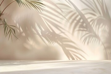 Advertising background with soft palm tree shadows. Wall and tabletop are the same delicate, light color