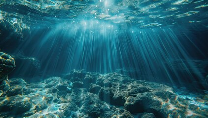 Obraz premium Underwater Scene with Sunlight Beams Through the Deep Blue Ocean Water, Illuminating a Rocky Seabed. Serene Seascape and Water Surface in a Vibrant Marine Landscape