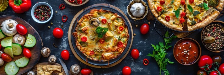 Ossetian Pie with Cheese, Steamed Vegetables, Champignons Baked with Gouda and Snacks, Vegetables