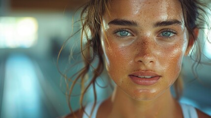 Portrait of an athletic young woman with sweat on her face, possibly after a fitness routine or cooling down