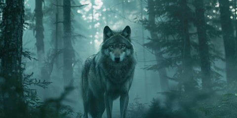 A wolf is standing in a forest with trees in the background. Generate AI image