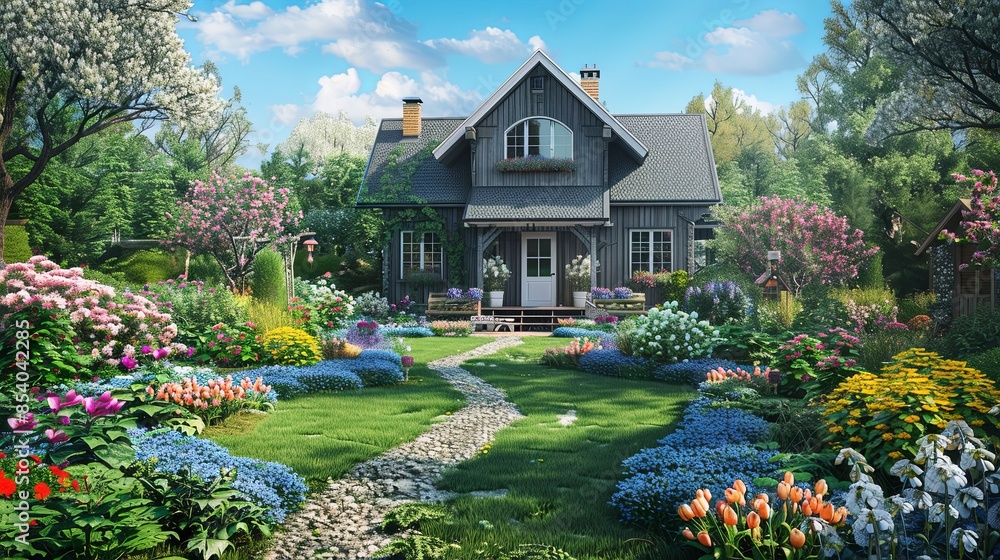 Aufkleber a charming painting of a quaint cottage nestled amidst an array of vibrant flowers in full bloom. ge