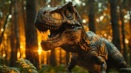 Naklejka premium A menacing Tyrannosaurus Rex roars in a dense, sunlit forest, evoking prehistoric times and natural history