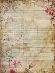 Vintage paper background with handwritten script, floral illustrations, and antique stamps. Perfect for scrapbooking, invitations, and vintage-themed designs.