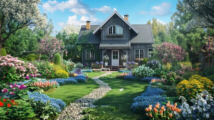 Obraz premium A charming painting of a quaint cottage nestled amidst an array of vibrant flowers in full bloom. Generative AI