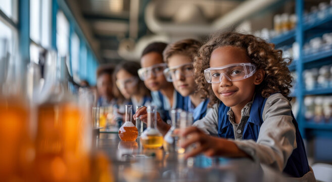Young students wear safety goggles and conduct a science experiment in a classroom setting, focusing on beakers and chemical reactions. - Powered by Adobe