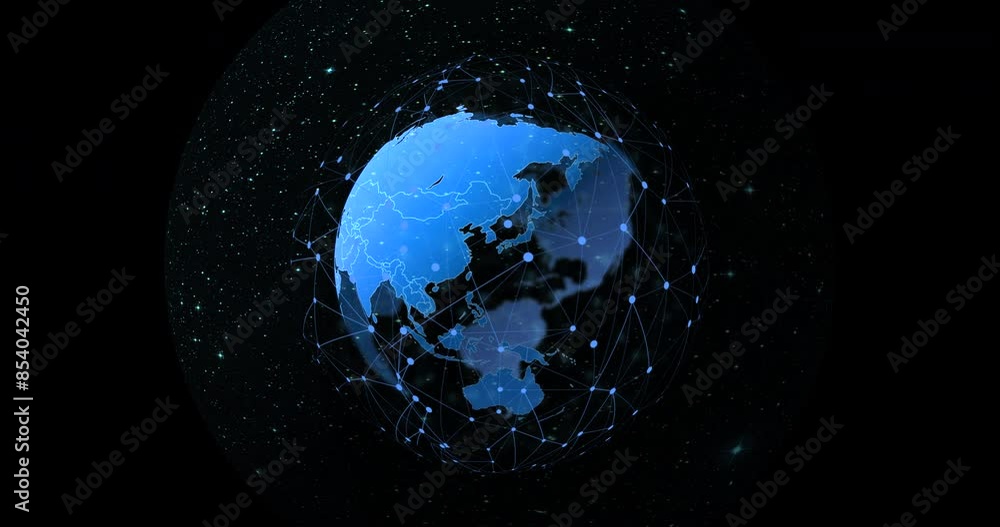 Aufkleber Globe, network and connection with hologram, dark studio background or programming with software. Empty, earth or planet with data protection, cyber security or internet with futuristic communication