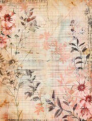 Vintage paper background with handwritten script, floral illustrations, and antique stamps. Perfect for scrapbooking, invitations, and vintage-themed designs.