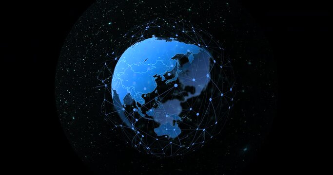 Globe, network and connection with hologram, dark studio background or programming with software. Empty, earth or planet with data protection, cyber security or internet with futuristic communication