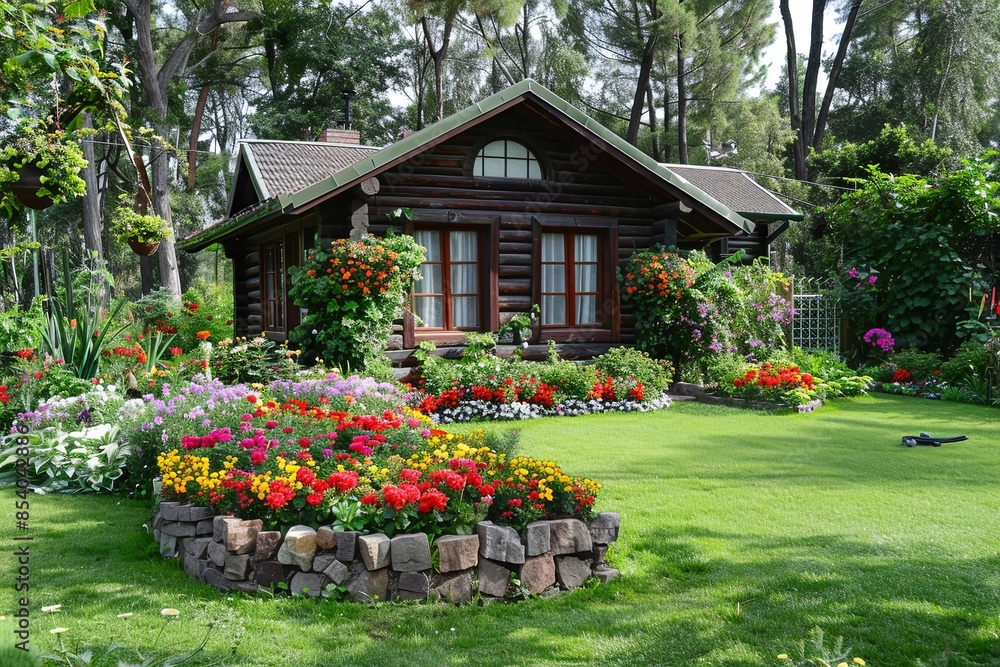 Aufkleber blooming flowers surround a cozy log cabin nestled in a lush garden setting, creating an enchanting 