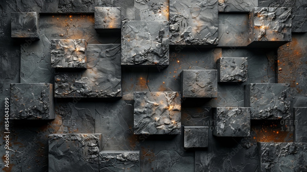 Poster a grisly textured wall with stones highlighted in orange creating a rugged and artistic visual inter