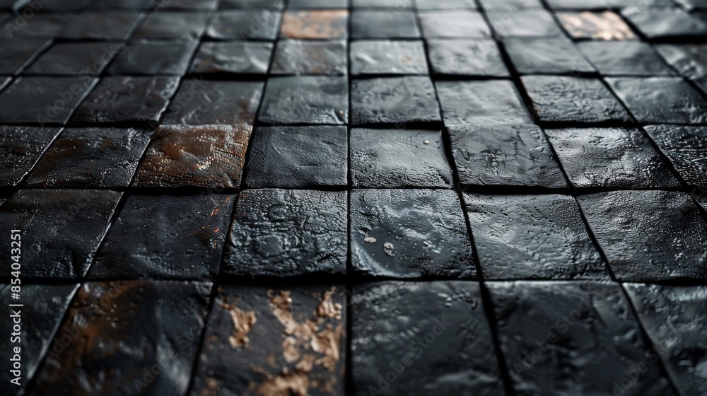 Poster photo of a structured pattern with square tiles featuring wet surfaces and rusty stains, providing t