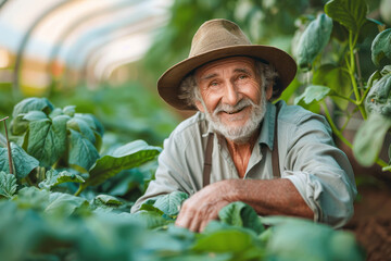 Joyful Elderly Gardener Tending to Organic Vegetables in Greenhouse