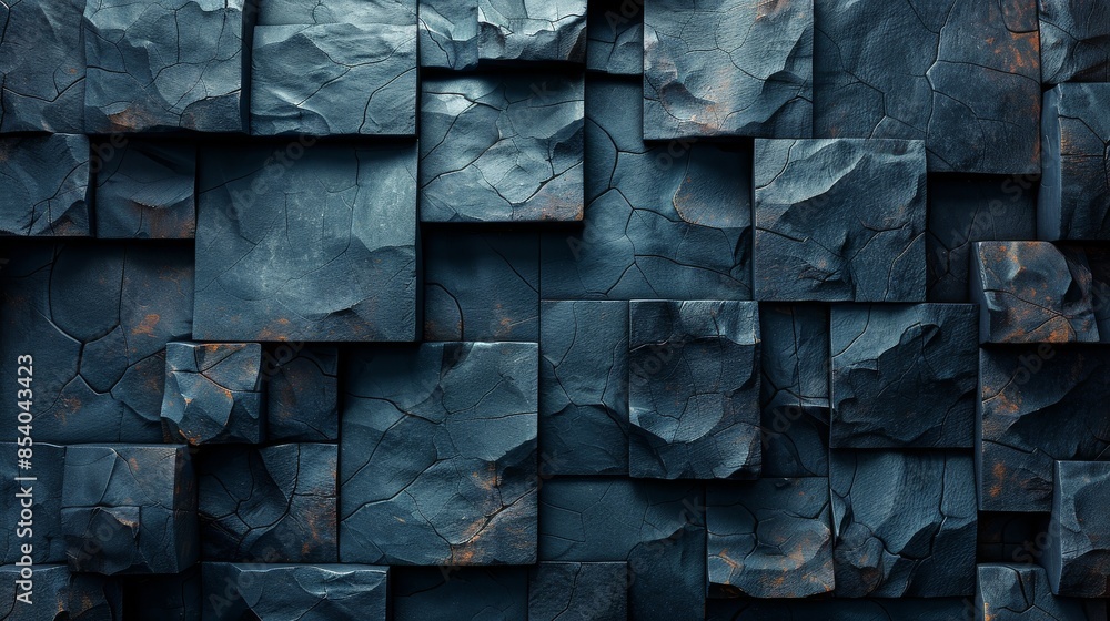 Poster a textured surface of blue stone blocks arranged in an abstract geometric pattern