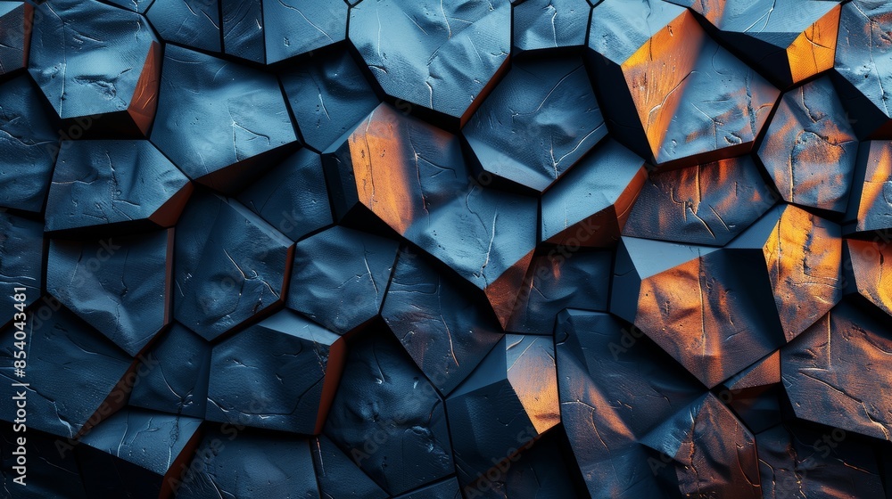 Poster a vibrant 3d render of geometric shapes with a blue and orange color scheme, creating a sense of mov