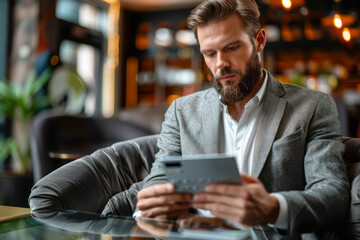 Stylish businessman shopping online with credit card on digital tablet: Modern e-commerce concept.