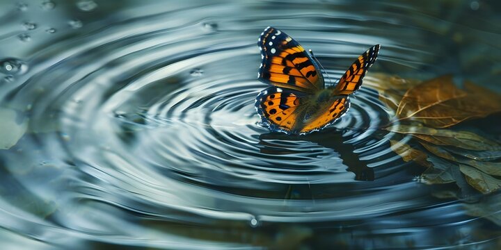 Butterfly wings cause ripples in spacetime triggering the butterfly effect in cosmos. Concept Chaos Theory, Butterfly Effect, Spacetime Ripples, Cosmic Impact, Cause and Effect